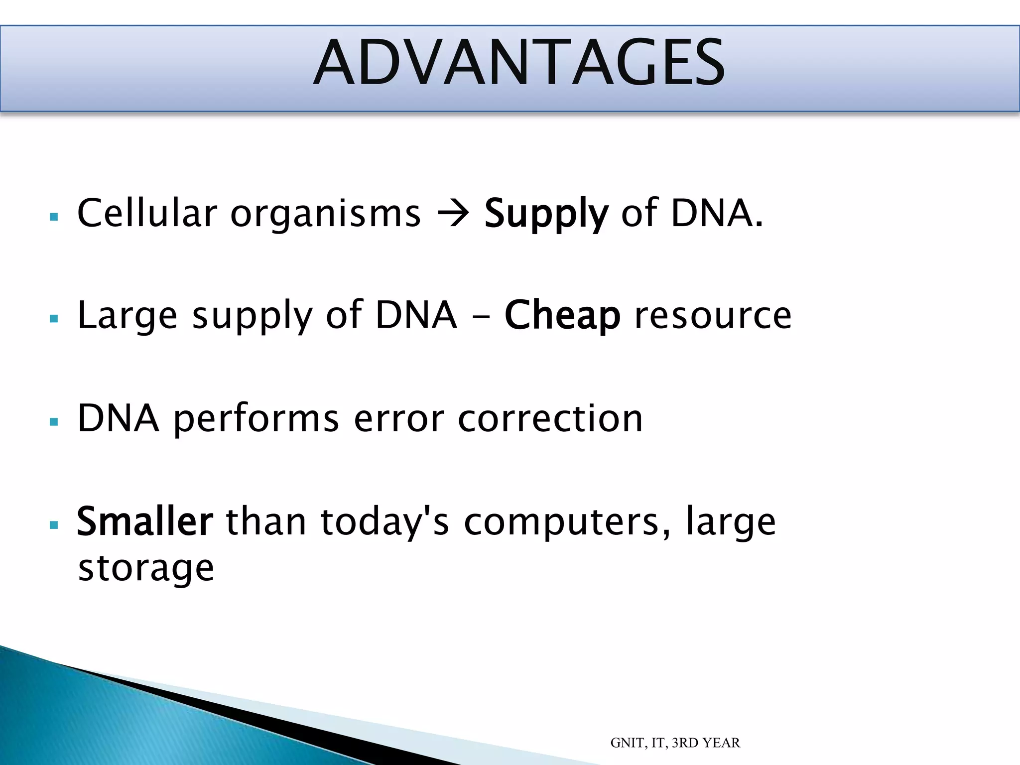  Cellular organisms  Supply of DNA.
 Large supply of DNA - Cheap resource
 DNA performs error correction
 Smaller than today's computers, large
storage
GNIT, IT, 3RD YEAR
ADVANTAGES
 