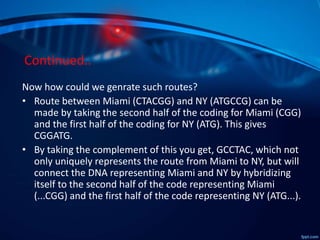 Continued..
Now how could we genrate such routes?
• Route between Miami (CTACGG) and NY (ATGCCG) can be
made by taking the second half of the coding for Miami (CGG)
and the first half of the coding for NY (ATG). This gives
CGGATG.
• By taking the complement of this you get, GCCTAC, which not
only uniquely represents the route from Miami to NY, but will
connect the DNA representing Miami and NY by hybridizing
itself to the second half of the code representing Miami
(...CGG) and the first half of the code representing NY (ATG...).
 