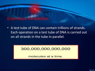 Enormous Parallelism
• A test tube of DNA can contain trillions of strands.
Each operation on a test tube of DNA is carried out
on all strands in the tube in parallel.
 