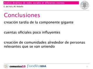 Analisis dinámico de redes sociales en diferentes eventos
E. del Val y M. Rebollo

Conclusiones
creación tardía de la componente gigante
cuentas oﬁciales poco inﬂuyentes
creación de comunidades alrededor de personas
relevantes que se van uniendo

25

 