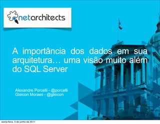A importância dos dados em sua
         arquitetura… uma visão muito além
         do SQL Server

            Alexandre Porcelli - @porcelli
            Gleicon Moraes - @gleicon




sexta-feira, 3 de junho de 2011
 