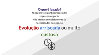 O que é legado?
Ninguém tem conhecimento das
regras de negócio.
Não atende completamente às
necessidades do negócio.
Evolução arriscada ou muito
custosa
 