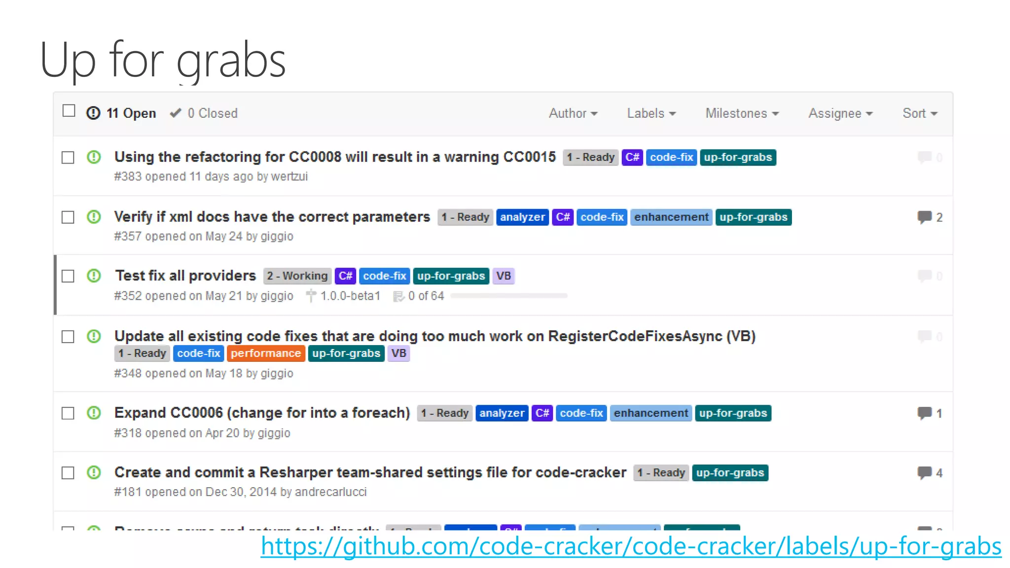 https://github.com/code-cracker/code-cracker/labels/up-for-grabs
 