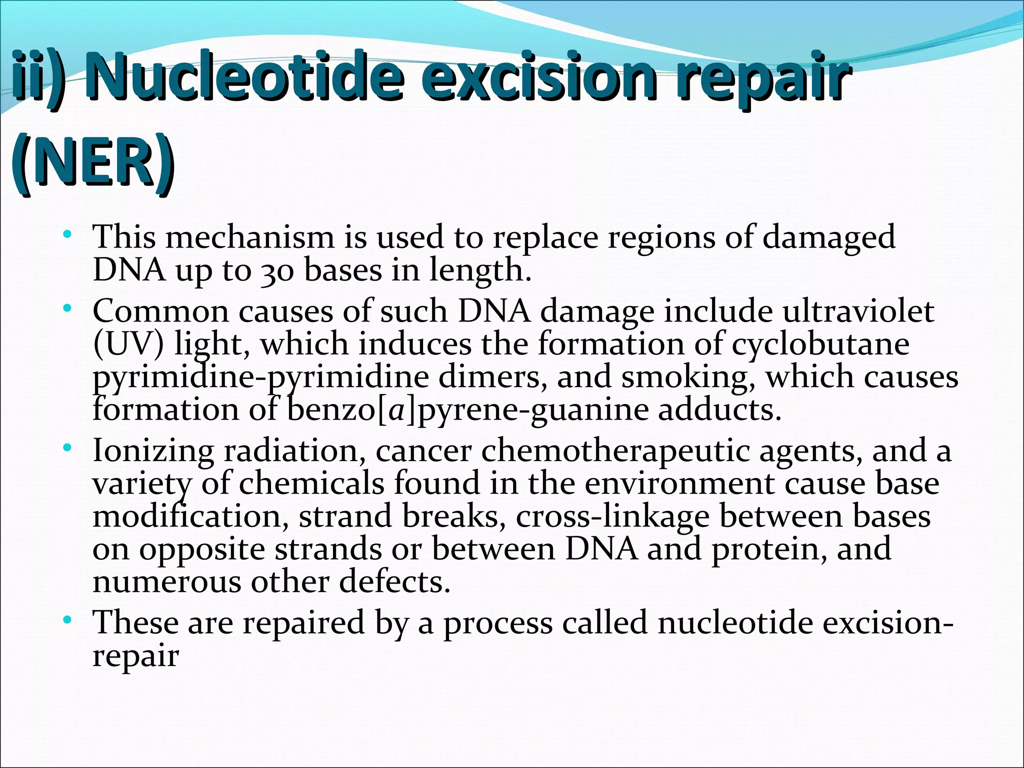 ii) Nucleotide excision repairii) Nucleotide excision repair
(NER)(NER)
• This mechanism is used to replace regions of damaged
DNA up to 30 bases in length.
• Common causes of such DNA damage include ultraviolet
(UV) light, which induces the formation of cyclobutane
pyrimidine-pyrimidine dimers, and smoking, which causes
formation of benzo[a]pyrene-guanine adducts.
• Ionizing radiation, cancer chemotherapeutic agents, and a
variety of chemicals found in the environment cause base
modification, strand breaks, cross-linkage between bases
on opposite strands or between DNA and protein, and
numerous other defects.
• These are repaired by a process called nucleotide excision-
repair
 