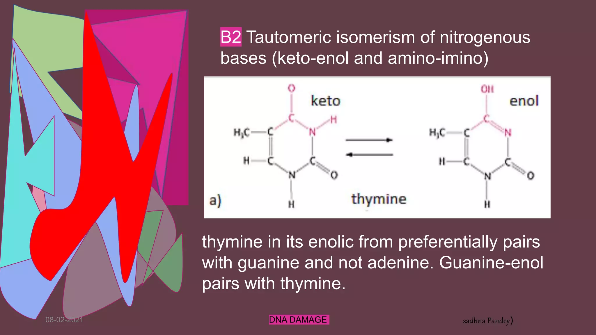 08-02-2021 DNA DAMAGE sadhna Pandey)
B2 Tautomeric isomerism of nitrogenous
bases (keto-enol and amino-imino)
thymine in its enolic from preferentially pairs
with guanine and not adenine. Guanine-enol
pairs with thymine.
 