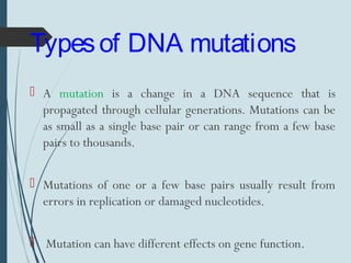 Typesof DNA mutations
 A mutation is a change in a DNA sequence that is
propagated through cellular generations. Mutations can be
as small as a single base pair or can range from a few base
pairs to thousands.
 Mutations of one or a few base pairs usually result from
errors in replication or damaged nucleotides.
 Mutation can have different effects on gene function.
 