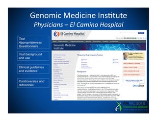 Genomic	
  Medicine	
  Ins=tute                 	
  
                                                   	
  
         Physicians	
  –	
  El	
  Camino	
  Hospital
Test
Appropriateness
Questionnaire

Test background
and use

Clinical guidelines
and evidence


Controversies and
references
 