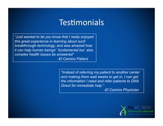 Tes=monials
                                      	
  
“Just wanted to let you know that I really enjoyed
this great experience in learning about such
breakthrough technology, and was amazed how
it can help human beings' fundamental but also
complex health issues be answered”
                            -El Camino Patient


                             “Instead of referring my patient to another center
                             and making them wait weeks to get in, I can get
                             the information I need and refer patients to DNA
                             Direct for immediate help.”
                                                        -El Camino Physician
 