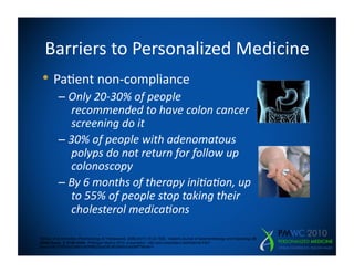 Barriers	
  to	
  Personalized	
  Medicine	
  
 •  Pa=ent	
  non-­‐compliance	
  
           –  Only	
  20-­‐30%	
  of	
  people
              	
  recommended	
  to	
  have	
  colon	
  cancer
              	
  screening	
  do	
  it	
  	
  
           –  30%	
  of	
  people	
  with	
  adenomatous
              	
  polyps	
  do	
  not	
  return	
  for	
  follow	
  up
              	
  colonoscopy	
  
           –  By	
  6	
  months	
  of	
  therapy	
  ini5a5on,	
  up
              	
  to	
  55%	
  of	
  people	
  stop	
  taking	
  their
              	
  cholesterol	
  medica5ons	
  

Siddiqui et al Alimentary Pharmacology & Therapeutics. 2006;24(11):16 23-1630, Inadomi Journal of Gastroenterology and Hepatology 23
(2008) Suppl. 2; S198–S204, JPMorgan MedCo 2010, presentation http://phx.corporate-ir.net/External.File?
item=UGFyZW50SUQ9MjYzNDR8Q2hpbGRJRD0tMXxUeXBlPTM=&t=1
 
