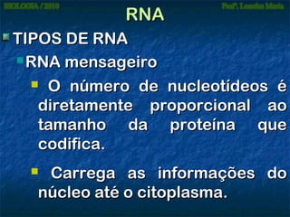 RNA
TIPOS DE RNA
 RNA mensageiro
 O número de nucleotídeos é
diretamente proporcional ao
tamanho da proteína que
codifica.
Carrega as informações do
núcleo até o citoplasma.



 