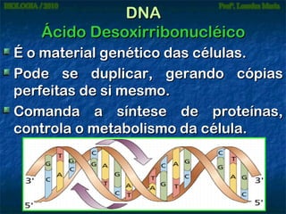 DNA
Ácido Desoxirribonucléico
É o material genético das células.
Pode se duplicar, gerando cópias
perfeitas de si mesmo.
Comanda a síntese de proteínas,
controla o metabolismo da célula.

 