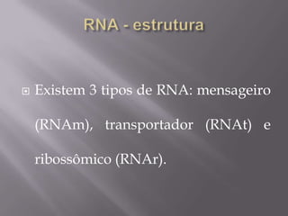  Existem 3 tipos de RNA: mensageiro
(RNAm), transportador (RNAt) e
ribossômico (RNAr).
 