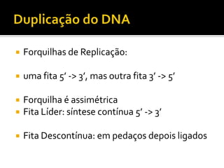 Forquilhas de Replicação:
 uma fita 5’ -> 3’, mas outra fita 3’ -> 5’
 Forquilha é assimétrica
 Fita Líder: síntese contínua 5’ -> 3’
 Fita Descontínua: em pedaços depois ligados
 