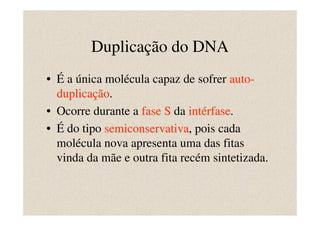 Duplicação do DNA
• É a única molécula capaz de sofrer auto-
  duplicação.
           ão
• Ocorre durante a fase S da intérfase.
                                 rfase
• É do tipo semiconservativa, pois cada
            semiconservativa
  molécula nova apresenta uma das fitas
  vinda da mãe e outra fita recém sintetizada.
 
