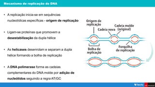 Mecanismo de replicação do DNA
• A replicação inicia-se em sequências
nucleotídicas específicas - origem de replicação
• Ligam-se proteínas que promovem a
desestabilização da dupla hélice
• As helicases desenrolam e separam a dupla
hélice formando a bolha de replicação
• A DNA polimerase forma as cadeias
complementares do DNA molde por adição de
nucleótidos seguindo a regra AT/GC
 