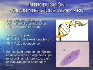 INTRODUCCIÓN
    ACIDOS NUCLEÍCOS: ADN Y ARN

• Son la macromoléculas que
  determinan el crecimiento de
  todas las forma...