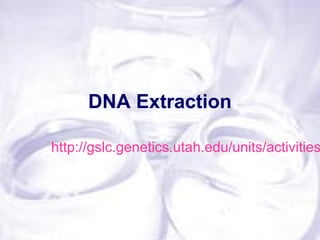 DNA Extraction
http://www.slideshare.net/iqbal1313/dna-
extraction-25521910
 