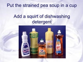 Put the strained pea soup in a cup
Add a squirt of dishwashing
detergent