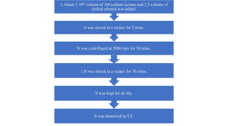 It was centrifuged at 5000 rpm for 10 mins.
It was mixed in a rocker for 5 mins.
1.About 1/10th volume of 3M sodium acetate and 2.5 volume of
chilled ethanol was added.
It was dissolved in T.E.
It was kept for air dry.
1.It was mixed in a rocker for 10 mins.
 