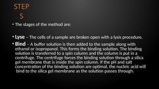 STEP
S
• The stages of the method are:
• Lyse – The cells of a sample are broken open with a lysis procedure.
• Bind – A buffer solution is then added to the sample along with
ethanol or isopropanol. This forms the binding solution. The binding
solution is transferred to a spin column and the column is put in a
centrifuge. The centrifuge forces the binding solution through a silica
gel membrane that is inside the spin column. If the pH and salt
concentration of the binding solution are optimal, the nucleic acid will
bind to the silica gel membrane as the solution passes through.
 