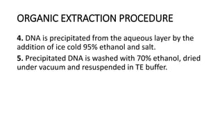 ORGANIC EXTRACTION PROCEDURE
4. DNA is precipitated from the aqueous layer by the
addition of ice cold 95% ethanol and salt.
5. Precipitated DNA is washed with 70% ethanol, dried
under vacuum and resuspended in TE buffer.
 