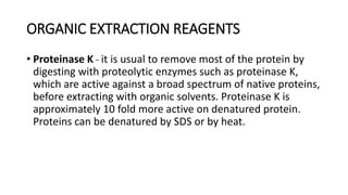 ORGANIC EXTRACTION REAGENTS
• Proteinase K - it is usual to remove most of the protein by
digesting with proteolytic enzymes such as proteinase K,
which are active against a broad spectrum of native proteins,
before extracting with organic solvents. Proteinase K is
approximately 10 fold more active on denatured protein.
Proteins can be denatured by SDS or by heat.
 