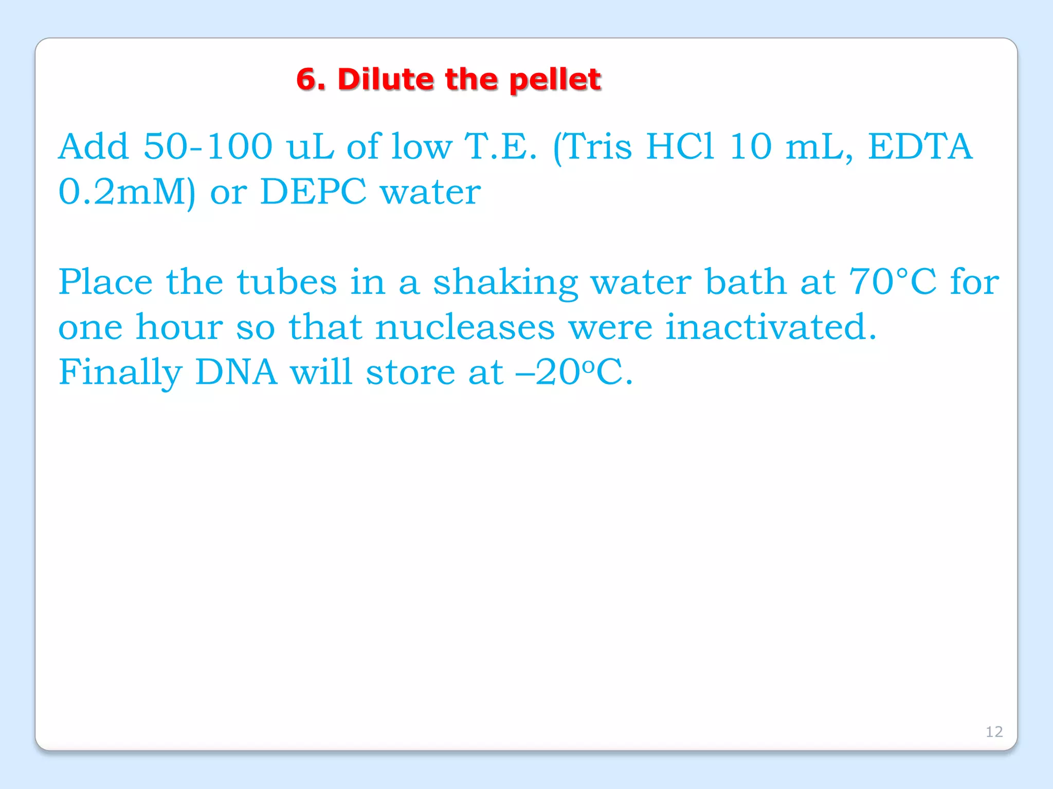 6. Dilute the pellet
Add 50-100 uL of low T.E. (Tris HCl 10 mL, EDTA
0.2mM) or DEPC water
Place the tubes in a shaking water bath at 70°C for
one hour so that nucleases were inactivated.
Finally DNA will store at –20oC.
12
 