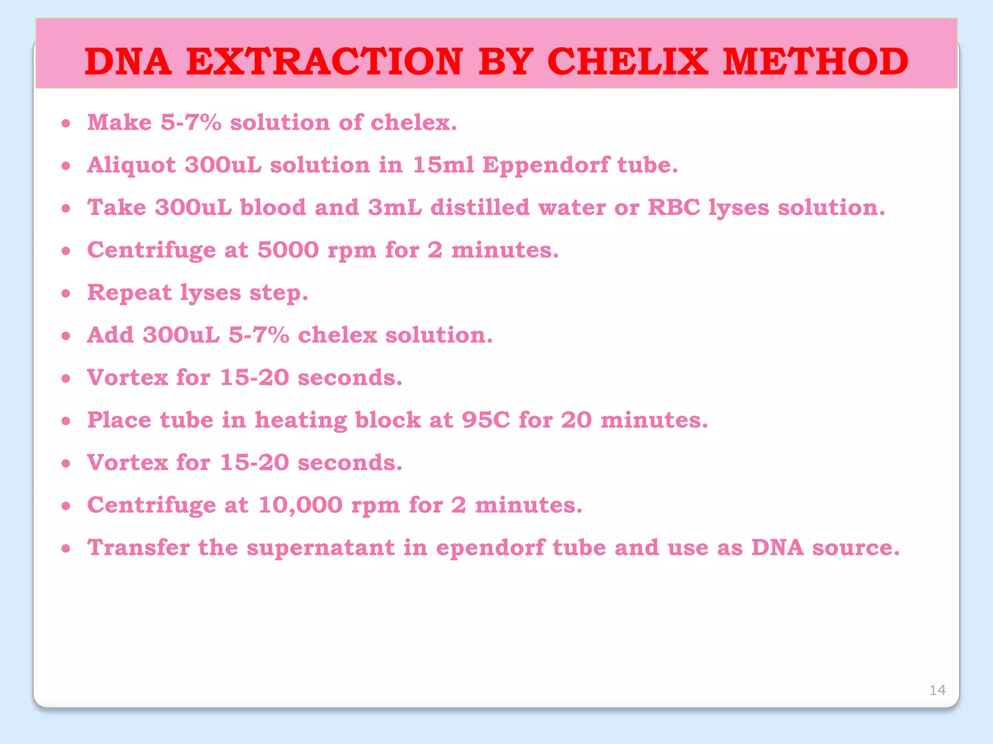 DNA EXTRACTION BY CHELIX METHOD
 Make 5-7% solution of chelex.
 Aliquot 300uL solution in 15ml Eppendorf tube.
 Take 300uL blood and 3mL distilled water or RBC lyses solution.
 Centrifuge at 5000 rpm for 2 minutes.
 Repeat lyses step.
 Add 300uL 5-7% chelex solution.
 Vortex for 15-20 seconds.
 Place tube in heating block at 95C for 20 minutes.
 Vortex for 15-20 seconds.
 Centrifuge at 10,000 rpm for 2 minutes.
 Transfer the supernatant in ependorf tube and use as DNA source.
14
 