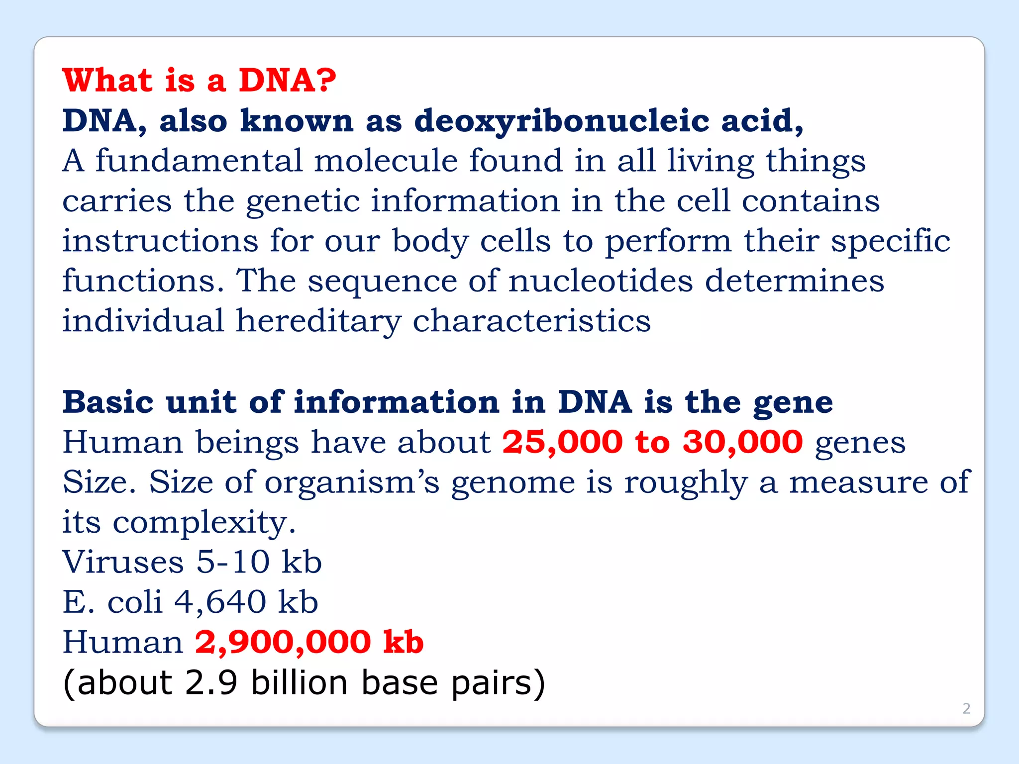 What is a DNA?
DNA, also known as deoxyribonucleic acid,
A fundamental molecule found in all living things
carries the genetic information in the cell contains
instructions for our body cells to perform their specific
functions. The sequence of nucleotides determines
individual hereditary characteristics
Basic unit of information in DNA is the gene
Human beings have about 25,000 to 30,000 genes
Size. Size of organism’s genome is roughly a measure of
its complexity.
Viruses 5-10 kb
E. coli 4,640 kb
Human 2,900,000 kb
(about 2.9 billion base pairs)
2
 