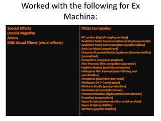 Worked with the following for Ex
Machina:
Special Effects
Double Negative
Artem
Milk Visual Effects (visual effects)
Other Companies
4K London (digital imaging services)
Audiolink Radio Communications (cell phone rentals)
Audiolink Radio Communications (walkie talkies)
Back Lot Music (soundtrack)
Chapman/Leonard Studio Equipment (camera dollies)
(uncredited)
Compuhire (computer playback)
Film Finances (film completion guarantor)
Fugitive Studios (end title animation)
Helicopter Film Services (aerial filming and
coordination)
HireWorks (Avid Nitris DX rental)
Mediacom 24-7 (travel agent)
Molinare Studio (post-production)
Panavision (anamorphic lenses)
Pinewood Studios (digital production services)
Propshop (prop makers)
Sapex Scripts (post-production script services)
Sapex Scripts (subtitles)
Territory (graphic displays)
 
