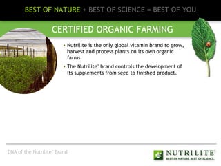 BEST OF NATURE  + BEST OF SCIENCE = BEST OF YOU CERTIFIED ORGANIC FARMING Nutrilite is the only global vitamin brand to grow, harvest and process plants on its own organic farms. The Nutrilite ™   brand controls the development of its supplements from seed to finished product. DNA of the Nutrilite ™  Brand 