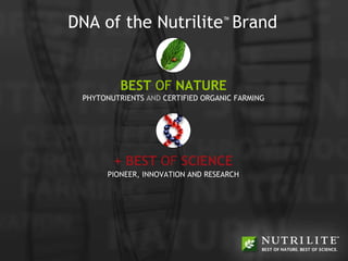 DNA of the Nutrilite ™   Brand + BEST  OF  SCIENCE PIONEER, INNOVATION AND RESEARCH BEST  OF  NATURE PHYTONUTRIENTS  AND  CERTIFIED ORGANIC FARMING 