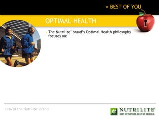 BEST OF NATURE + BEST OF SCIENCE   = BEST OF YOU OPTIMAL HEALTH The Nutrilite ™  brand’s Optimal Health philosophy focuses on: DNA of the Nutrilite ™  Brand 