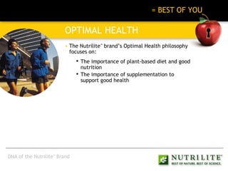 BEST OF NATURE + BEST OF SCIENCE   = BEST OF YOU OPTIMAL HEALTH The Nutrilite ™  brand’s Optimal Health philosophy focuses on: The importance of plant-based diet and good nutrition The importance of supplementation to support good health DNA of the Nutrilite ™  Brand 
