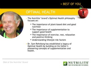 BEST OF NATURE + BEST OF SCIENCE   = BEST OF YOU OPTIMAL HEALTH The Nutrilite ™  brand’s Optimal Health philosophy focuses on: The importance of plant-based diet and good nutrition The importance of supplementation to support good health The importance of exercise, rest, relaxation and positive thinking Understanding lifestyle risk factors Dr. Sam Rehnborg has established a legacy of Optimal Health by building on his father’s pioneering concepts of supplementation and health. DNA of the Nutrilite ™  Brand 