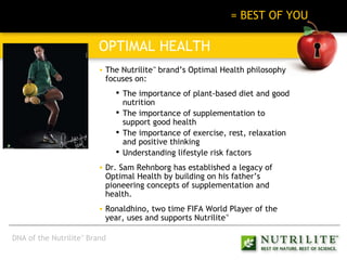 BEST OF NATURE + BEST OF SCIENCE   = BEST OF YOU OPTIMAL HEALTH The Nutrilite ™  brand’s Optimal Health philosophy focuses on: The importance of plant-based diet and good nutrition The importance of supplementation to support good health The importance of exercise, rest, relaxation and positive thinking Understanding lifestyle risk factors Dr. Sam Rehnborg has established a legacy of Optimal Health by building on his father’s pioneering concepts of supplementation and health. Ronaldhino, two time FIFA World Player of the year, uses and supports Nutrilite ™ DNA of the Nutrilite ™  Brand 