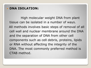  DNA ISOLATION:
High molecular weight DNA from plant
tissue can be isolated in a number of ways.
All methods involves basic steps of removal of all
cell wall and nuclear membrane around the DNA
and the separation of DNA from other cell
components such as cell debris, proteins, lipids
or RNA without affecting the integrity of the
DNA. The most commonly preferred method is
CTAB method.
 