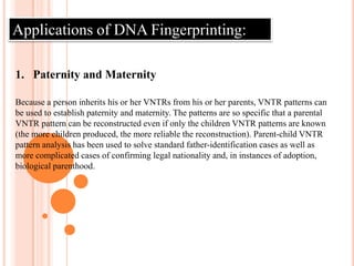 2. Law EnforcementDNA fingerprinting has aided in law enforcement since its discovery. Forensics teams can analyze DNA found at a crime scene, whether it be blood, hair, semen, or skin particles, and compare it with DNA samples found in a DNA database to find out who committed a crime. DNA fingerprinting can also be used to identify a victim even if the person is disfigured beyond recognition and dental records cannot be established. DNA fingerprinting has been used to prove suspects guilty of a crime and has set innocent people free when earlier evidence has proven them guilty. DNA fingerprinting is not perfect and there is still much controversy over whether it can be used in a court of law, but regardless, it remains an essential part of our criminal justice system.DNA  FINGERPRINTING( DNA  PROFILING )