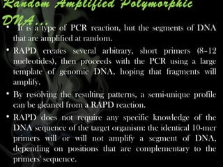 Random Amplified Polymorphic
DNA… of PCR reaction, but the segments of DNA
•  It is a type
that are amplified at random.
• RAPD creates several arbitrary, short primers (8–12
nucleotides), then proceeds with the PCR using a large
template of genomic DNA, hoping that fragments will
amplify.
• By resolving the resulting patterns, a semi-unique profile
can be gleaned from a RAPD reaction.
• RAPD does not require any specific knowledge of the
DNA sequence of the target organism: the identical 10-mer
primers will or will not amplify a segment of DNA,
depending on positions that are complementary to the
primers' sequence.

 