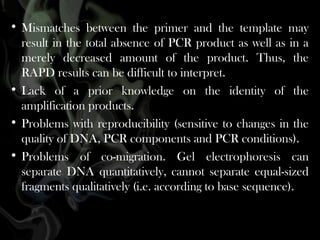 • Mismatches between the primer and the template may
result in the total absence of PCR product as well as in a
merely decreased amount of the product. Thus, the
RAPD results can be difficult to interpret.
• Lack of a prior knowledge on the identity of the
amplification products.
• Problems with reproducibility (sensitive to changes in the
quality of DNA, PCR components and PCR conditions).
• Problems of co-migration. Gel electrophoresis can
separate DNA quantitatively, cannot separate equal-sized
fragments qualitatively (i.e. according to base sequence).

 