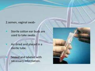 2.semen, vaginal swab-
 Sterile cotton ear buds are
used to take swabs.
 Air dried and placed in a
sterile tube.
 Sealed and labeled with
necessary information.
 