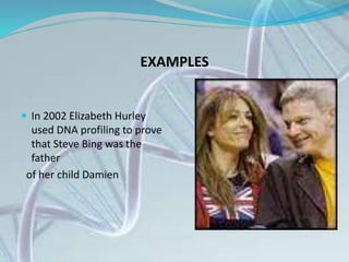 EXAMPLES
 In 2002 Elizabeth Hurley
used DNA profiling to prove
that Steve Bing was the
father
of her child Damien
 