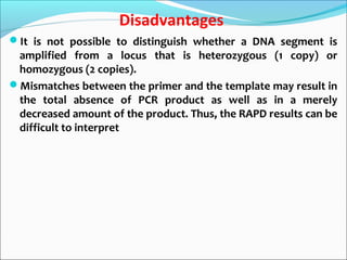 Disadvantages
It is not possible to distinguish whether a DNA segment is
amplified from a locus that is heterozygous (1 copy) or
homozygous (2 copies).
Mismatches between the primer and the template may result in
the total absence of PCR product as well as in a merely
decreased amount of the product. Thus, the RAPD results can be
difficult to interpret
 