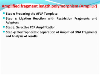 Amplified fragment length polymorphism (AmpFLP)
Step 1: Preparing the AFLP Template
Step 2: Ligation Reaction with Restriction Fragments and
Adaptors
Step 3: Selective PCR Amplification
Step 4: Electrophoretic Separation of Amplified DNA Fragments
and Analysis of results
 