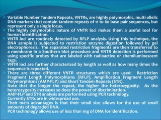  Variable Number Tandem Repeats, VNTRs, are highly polymorphic, multi-allelic
DNA markers that contain tandem repeats of 11 to 60 base pair sequences, but
represent only a single locus.
 The highly polymorphic nature of VNTR loci makes them a useful tool for
human identification.
 VNTR loci are routinely detected by RFLP analysis. Using this technique, the
DNA sample is subjected to restriction enzyme digestion followed by gel
electrophoresis. The separated restriction fragments are then transferred to
a membrane in a Southern blot procedure and VNTR detection is performed
using specific probes that are labeled with radioactive or chemiluminescent
tags.
 VNTR loci are further characterized by length as well as how many times the
sequence is repeated.
 There are three different VNTR structures which are used: Restriction
Fragment Length Polymorphisms (RFLP), Amplification Fragment Length
Polymorphisms (AMP-FLP) and Short Tandem Repeats (STR).
 Note that the longer the repeat, the higher the heterozygosity. As the
heterozygosity increases so does the power of discrimination.
 AMP-FLP and STR analysis are performed using PCR technology.
 Currently STRs are in widespread use.
 Their main advantages is that their small size allows for the use of small
amounts of degraded DNA.
 PCR technology allows use of less than 1ng of DNA for identification.
 