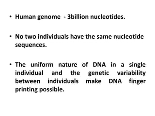 • Human genome - 3billion nucleotides.
• No two individuals have the same nucleotide
sequences.
• The uniform nature of DNA in a single
individual and the genetic variability
between individuals make DNA finger
printing possible.
 