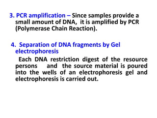 3. PCR amplification – Since samples provide a
small amount of DNA, it is amplified by PCR
(Polymerase Chain Reaction).
4. Separation of DNA fragments by Gel
electrophoresis
Each DNA restriction digest of the resource
persons and the source material is poured
into the wells of an electrophoresis gel and
electrophoresis is carried out.
 
