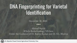 DNA Fingerprinting for Varietal
Identiﬁcation
December 30, 2020
Dr. Rajendra Prasad Central Agricultural University, Pusa
Ahmed Aquib
B.Tech. Biotechnology, VII-Sem
Under the Guidance of Dr. Rajeev Kumar and Dr. K.L. Bhutiya
 