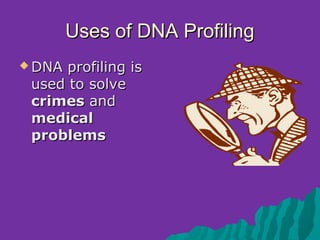 Uses of DNA Profiling
 DNA profiling is
 used to solve
 crimes and
 medical
 problems
 