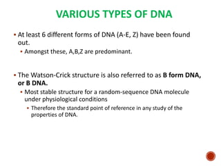 VARIOUS TYPES OF DNA
 At least 6 different forms of DNA (A-E, Z) have been found
out.
 Amongst these, A,B,Z are predominant.
 The Watson-Crick structure is also referred to as B form DNA,
or B DNA.
 Most stable structure for a random-sequence DNA molecule
under physiological conditions
 Therefore the standard point of reference in any study of the
properties of DNA.
17
 